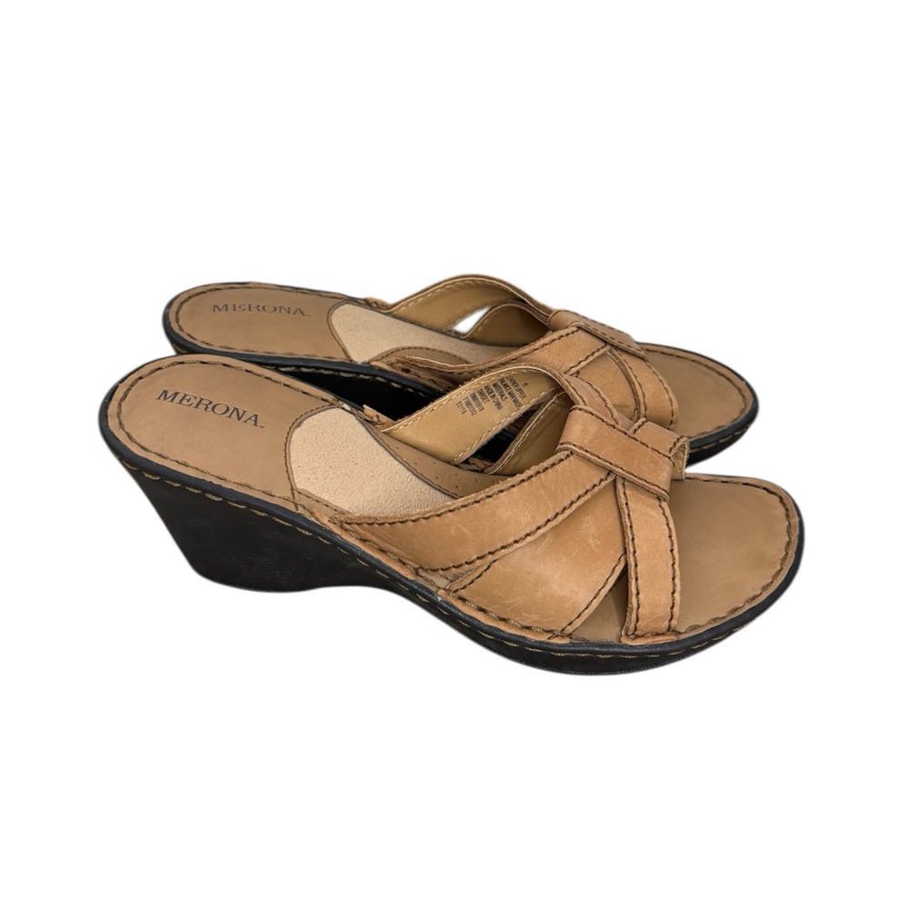Vintage Y2K Leather Wedge Heel Sandals Slip On Boho 8